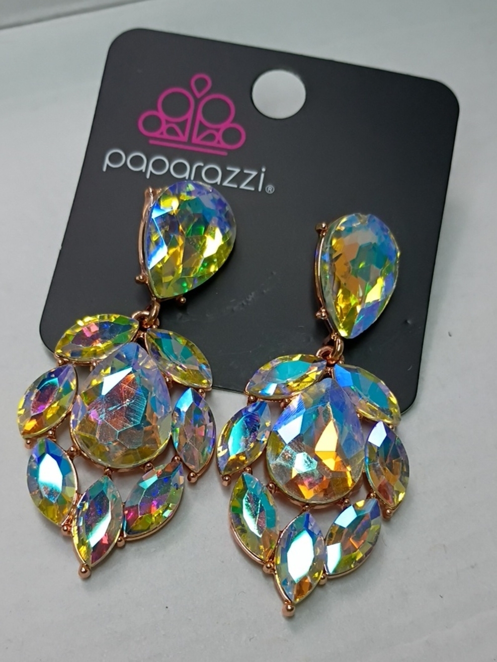 Paparazzi Aurora Teardrop Crystal Chandelier Earrings - Iridescent Gold